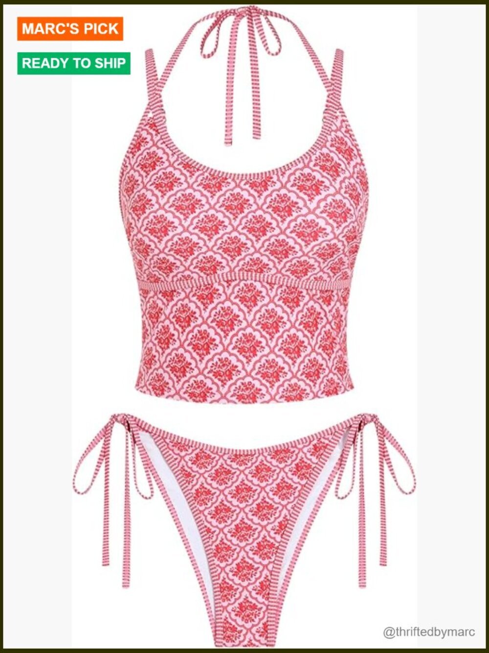 Dual Straps Halter Bikini Set Scoop Neck Colorblock Tankini Swimsuit Tie Side